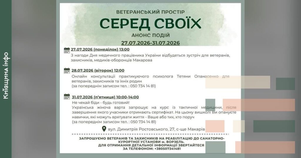 Ворзель: Ветеранам – психологічна підтримка та збір на тактичну медицину 28-31 липня.
