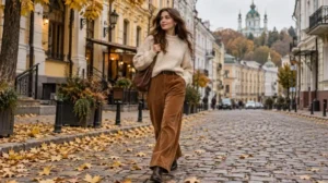 Дівчина у коньячних вельветових штанах, кремовому светрі і шкіряних черевиках іде бруківкою серед опалого листя