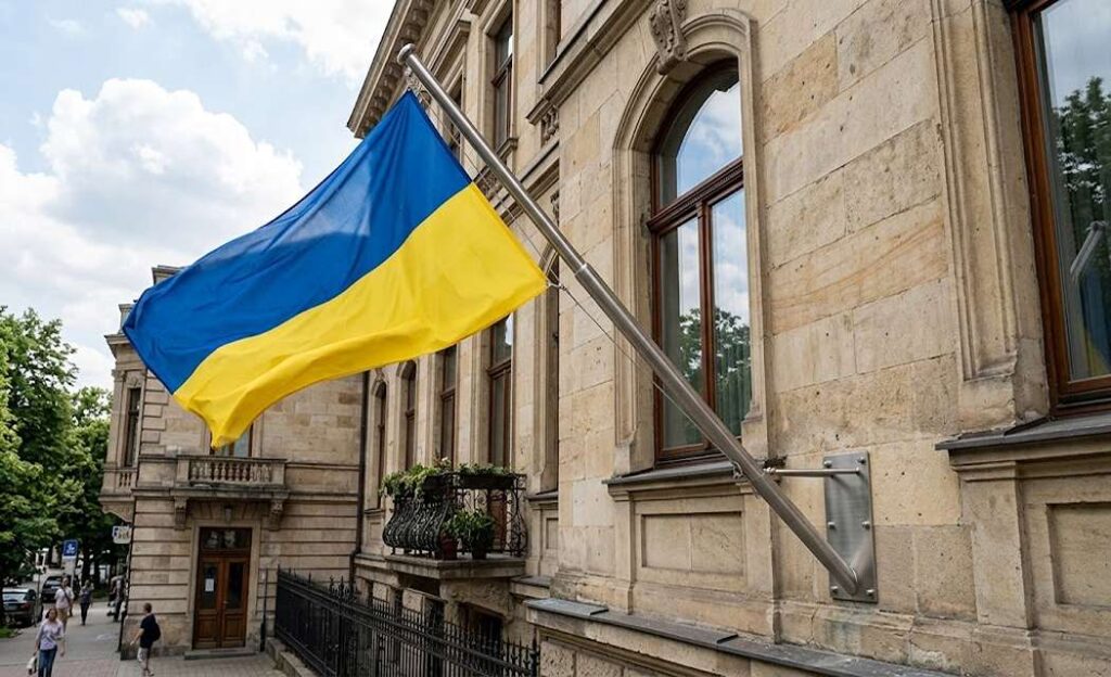 Фасадний флагшток з нержавійки з прапором